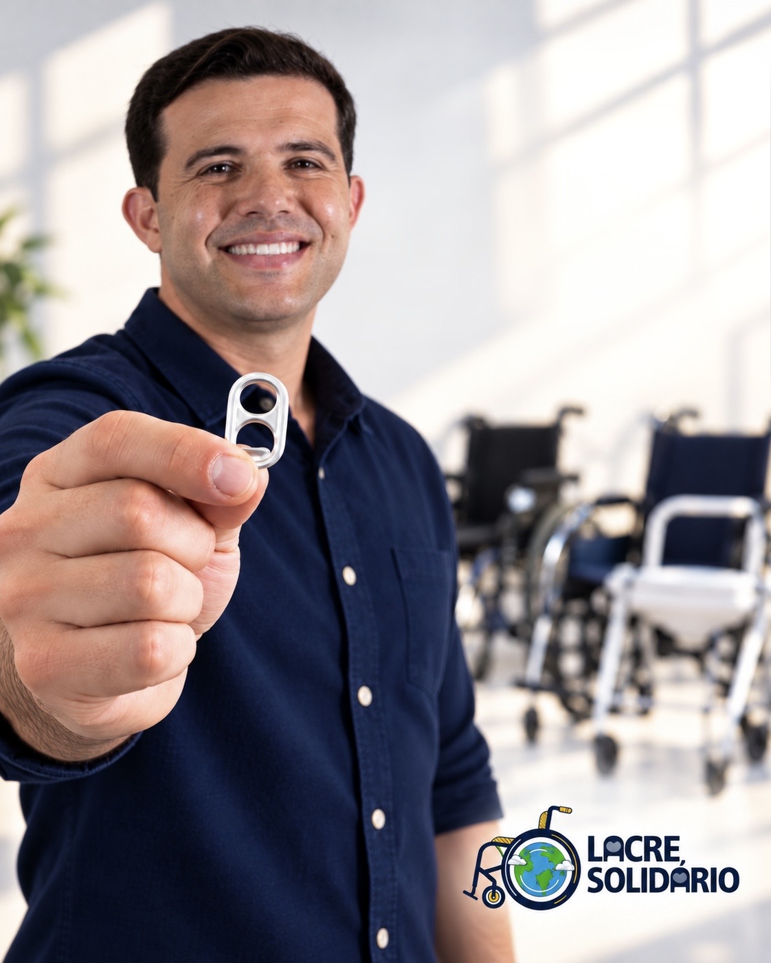 Lucas Cardoso mostrando um lacre de alumínio, com cadeiras de rodas e a marca Lacre Solidário ao fundo